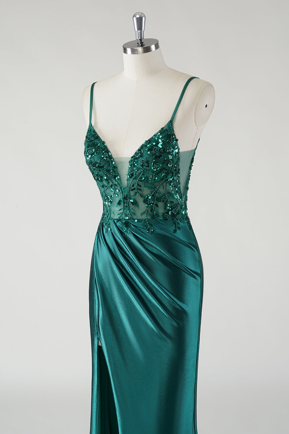Sparkly Spaghetti Straps Dark Green Floral Satin Prom Dress with Slit