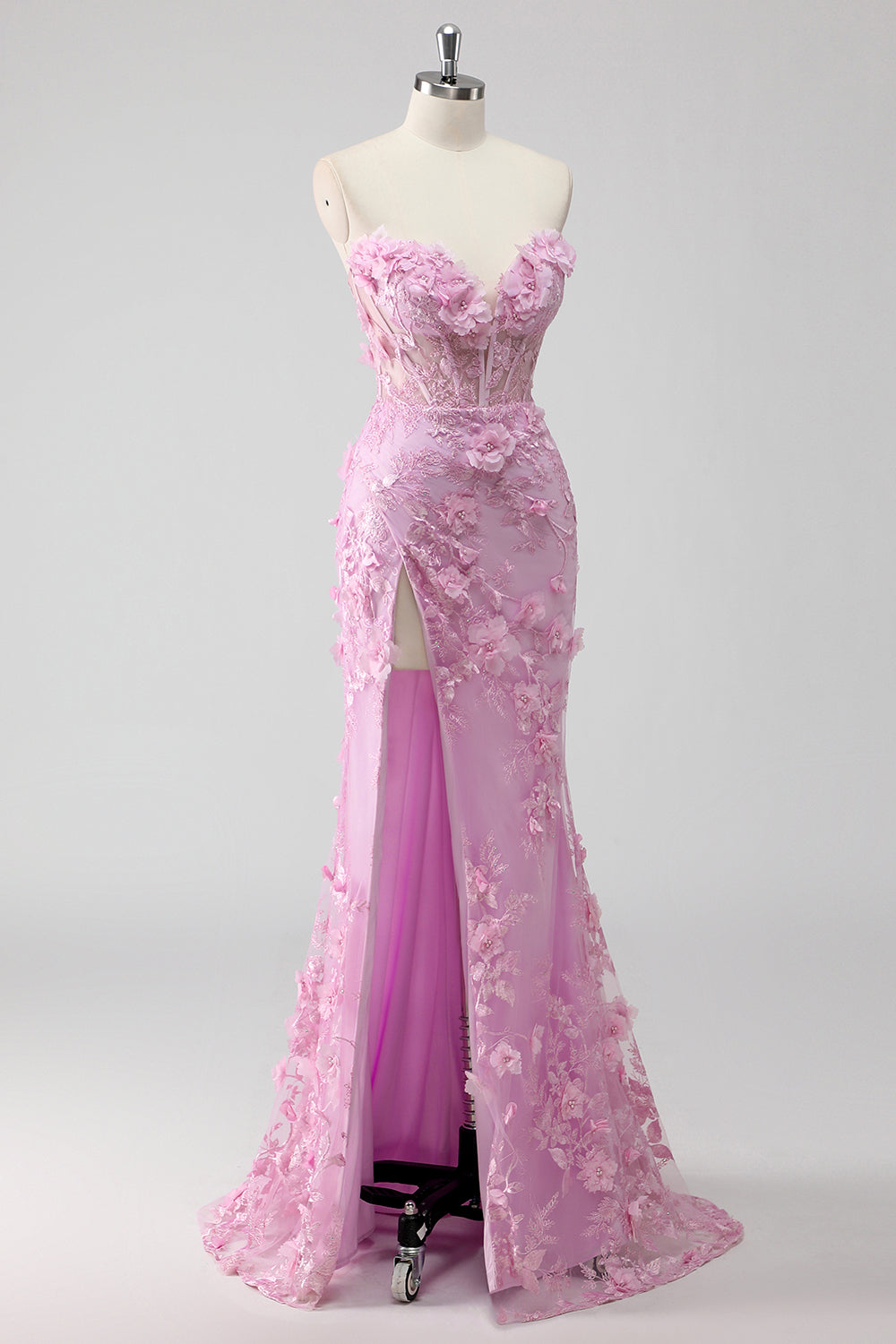 Lilac Strapless Coset Applique Mermaid Long Prom Dress with Slit