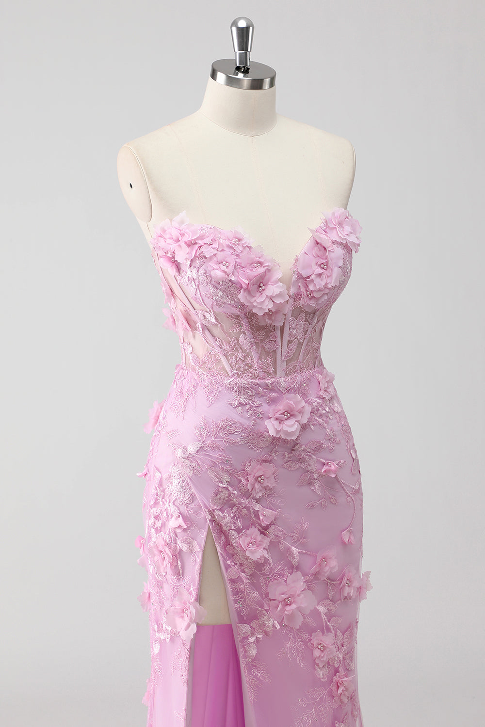 Lilac Strapless Coset Applique Mermaid Long Prom Dress with Slit