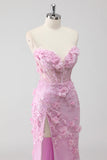 Lilac Strapless Coset Applique Mermaid Long Prom Dress with Slit
