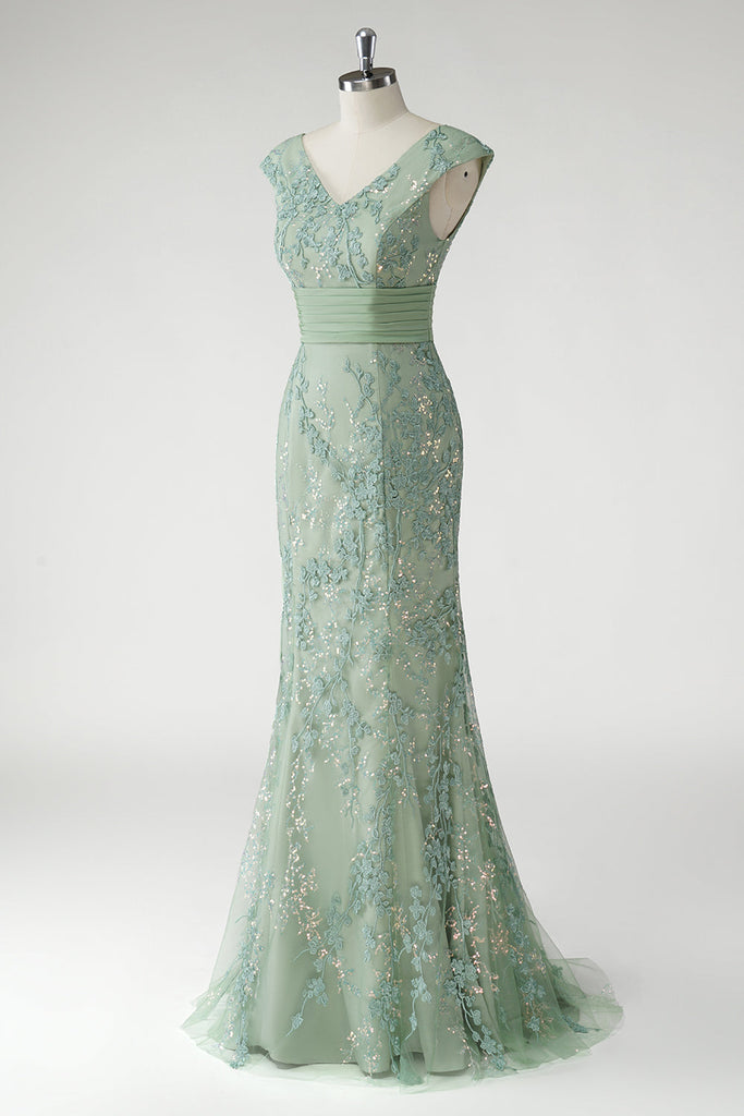 Vintage Green V Neck Chiffon Beaded Appliques Mermaid Prom Gown Long Party Dress SP854 main image 1