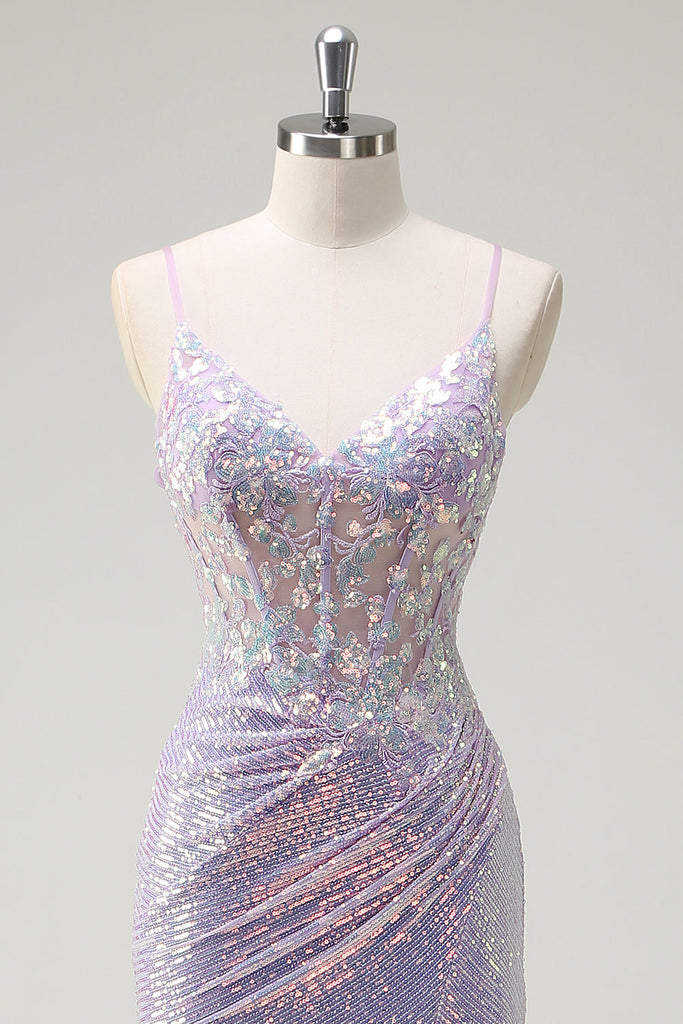 Elegant Mermaid Spaghetti Straps Lilac Long Prom Dress with Slit VK24050803 main image 1