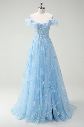 ZAPAKASA Women Sparkly Sky Blue Prom Dress with Lace Off The Shoulder A-Line Corset Evening Dress with Slit ZAPAKASA Women Sparkly Sky Blue Prom Dress with Lace Off The Shoulder A-Line Corset Evening Dress with Slit