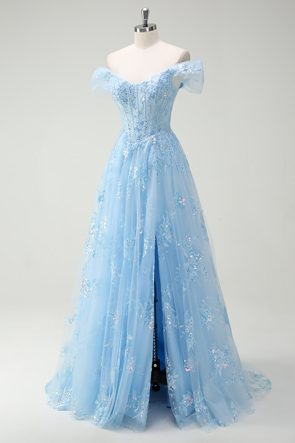 ZAPAKASA Women Sparkly Sky Blue Prom Dress with Lace Off The Shoulder A-Line Corset Evening Dress with Slit ZAPAKASA Women Sparkly Sky Blue Prom Dress with Lace Off The Shoulder A-Line Corset Evening Dress with Slit