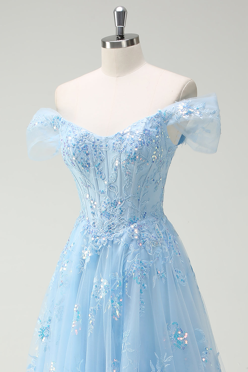 ZAPAKASA Women Sparkly Sky Blue Prom Dress with Lace Off The Shoulder A