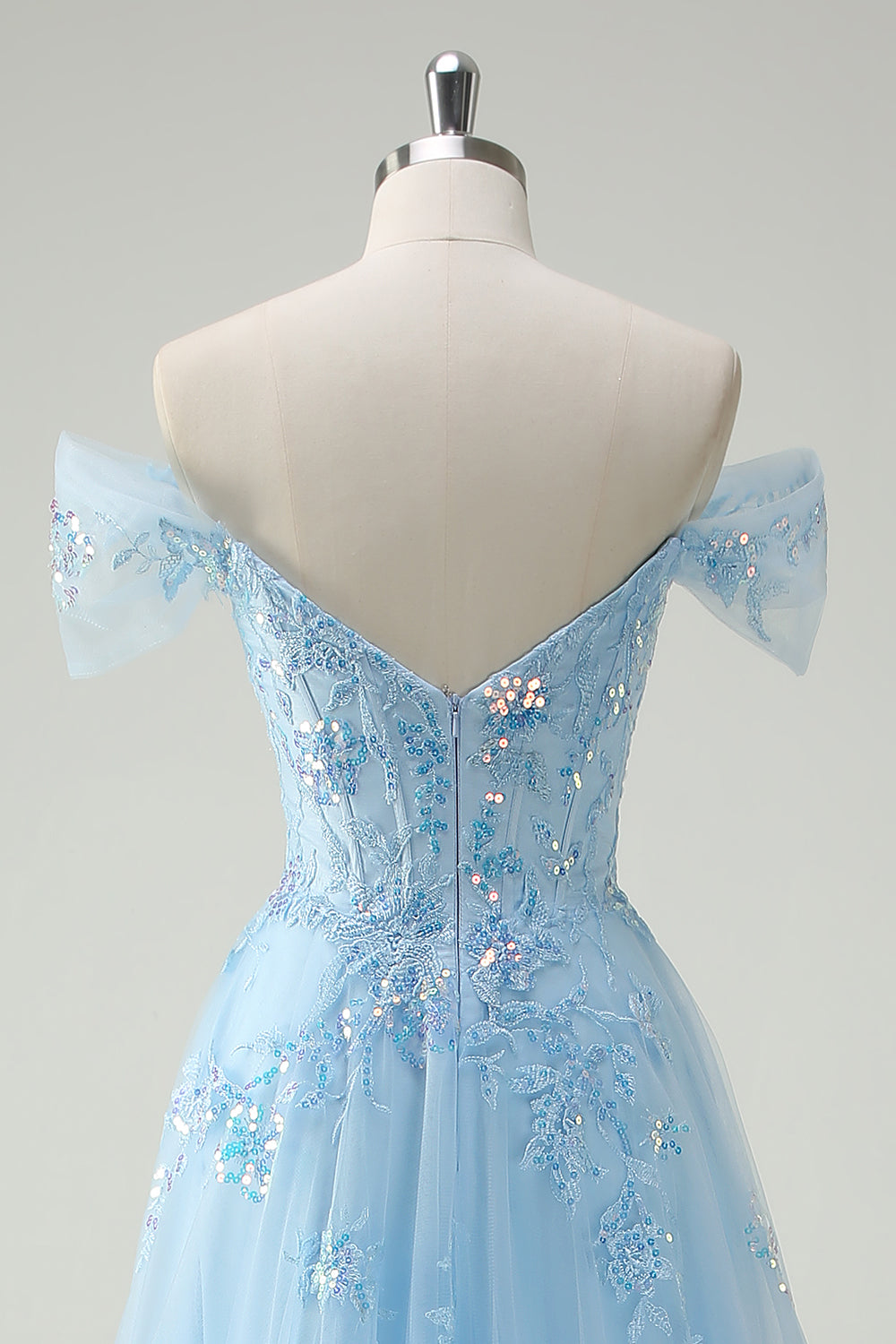 ZAPAKASA Women Sparkly Sky Blue Prom Dress with Lace Off The Shoulder A-Line Corset Evening Dress with Slit ZAPAKASA Women Sparkly Sky Blue Prom Dress with Lace Off The Shoulder A-Line Corset Evening Dress with Slit