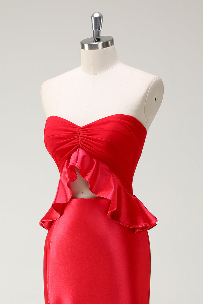 Trumpet Mermaid Sweetheart Red Satin Ruched Prom Dress With Slit