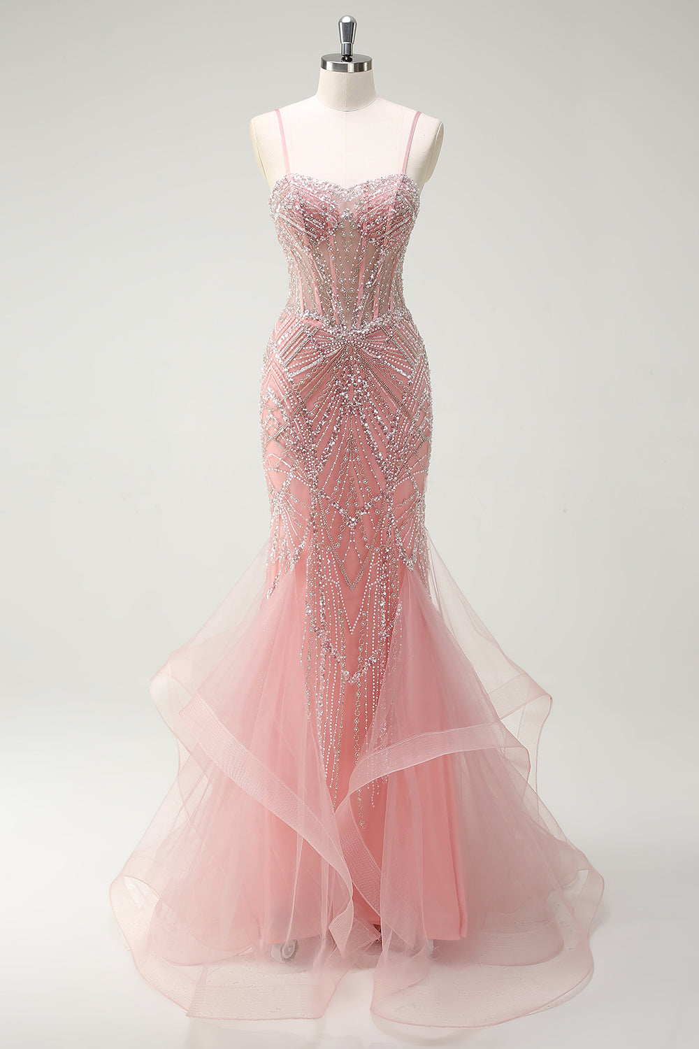 Sparkly Pink Mermaid Corset Prom Dress Beaded Spaghetti Straps Evening Dress