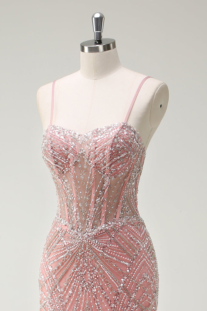 Mermaid Long Prom Dress Pink Spaghetti Straps Evening Dress Y272 main image 1