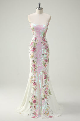 Sparkly Prom Dress White Floral Strapless Mermaid Long Gala Dress With Sequins