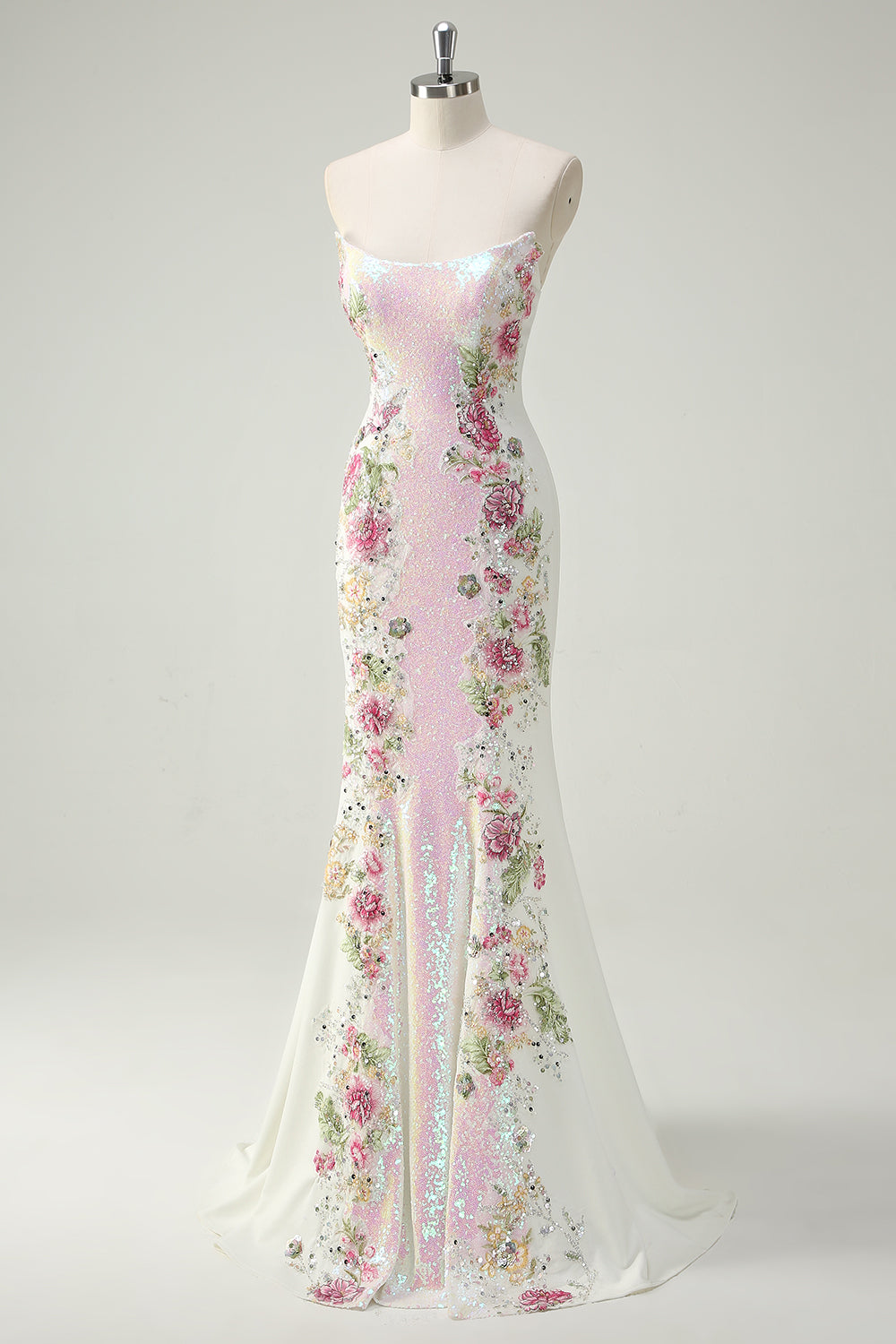 Zapakasa Women Sparkly Prom Dress White Floral Strapless Mermaid Long Evening Dress With Sequins Zapakasa Women Sparkly Prom Dress White Floral Strapless Mermaid Long Evening Dress With Sequins