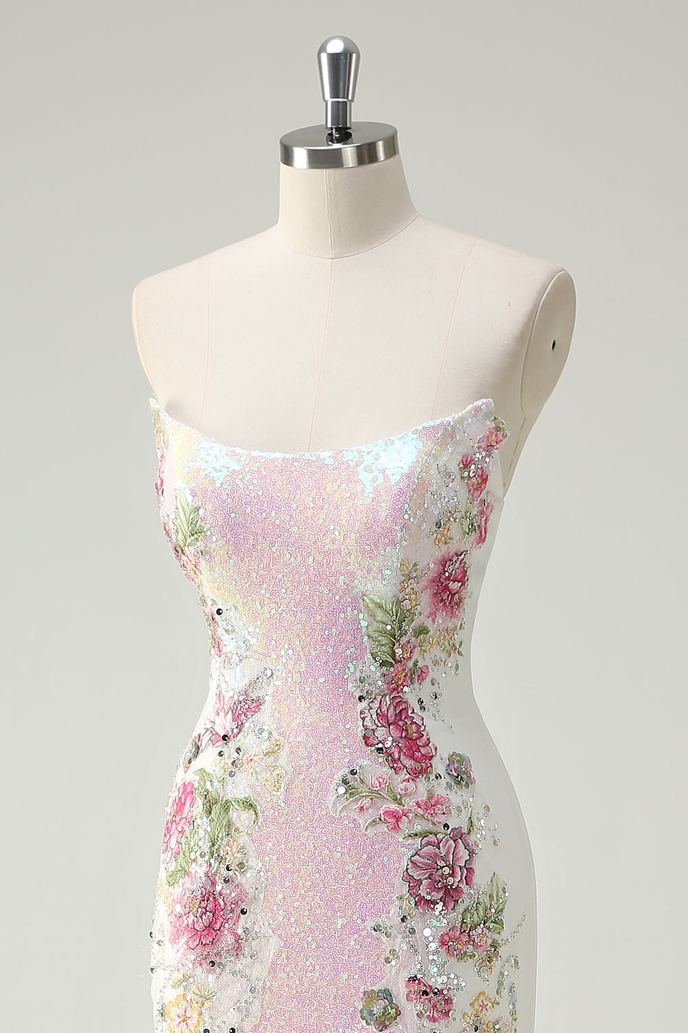 pink and white sequin dress Ivory Sequin Homecoming Dress with Pink Floral Print Ivory/Black / 12