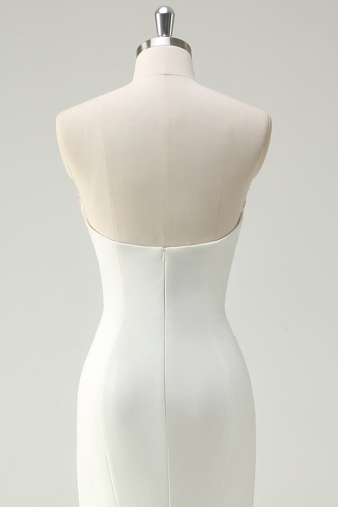 White Strapless Feather Long Prom Dress Evening Party Dress with High Slit,DP668 main image 1