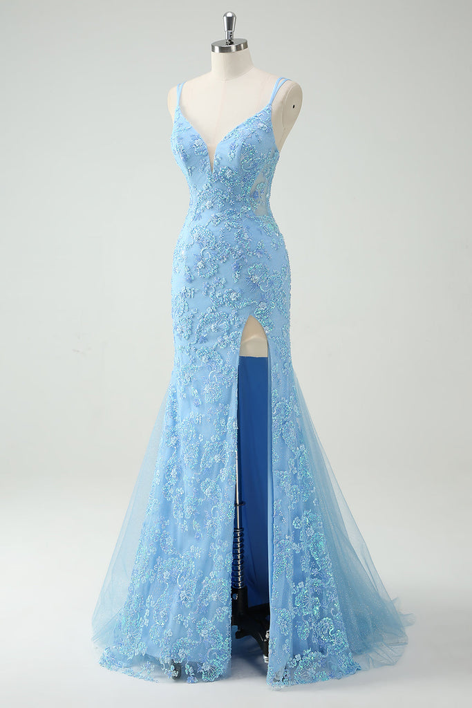 Zapakasa Women Sky Blue Mermaid Long Prom Dress with Slit Spaghetti ...