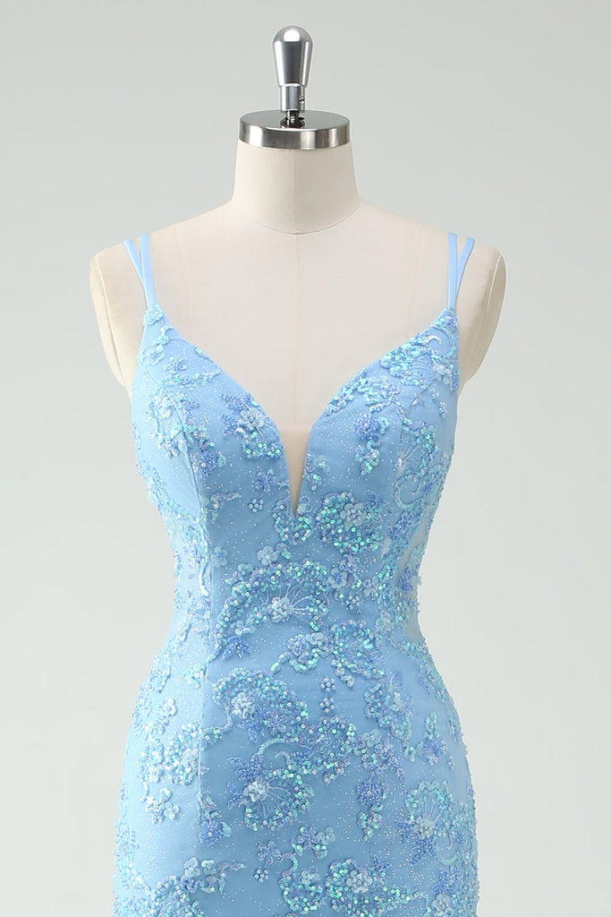 Sexy Mermaid Strapless Satin Light Sky Blue Long Prom Dress main image 1