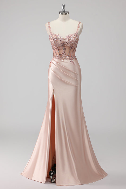 Blush Satin Mermaid Sequin Long Prom Dress with Slit