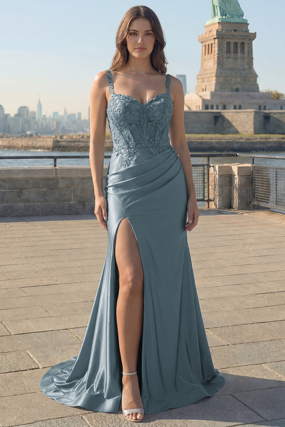 Sparkly Grey Blue Corset Satin Mermaid Long Prom Dress with Slit
