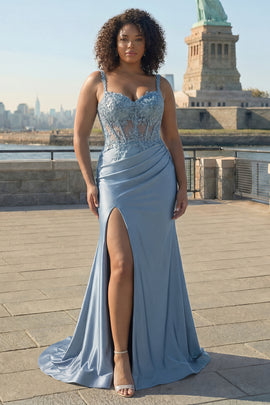 Plus Size Sparkly Grey Blue Satin Mermaid Long Corset Prom Dress with Slit