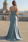 Sparkly Grey Blue Corset Satin Mermaid Long Prom Dress with Slit