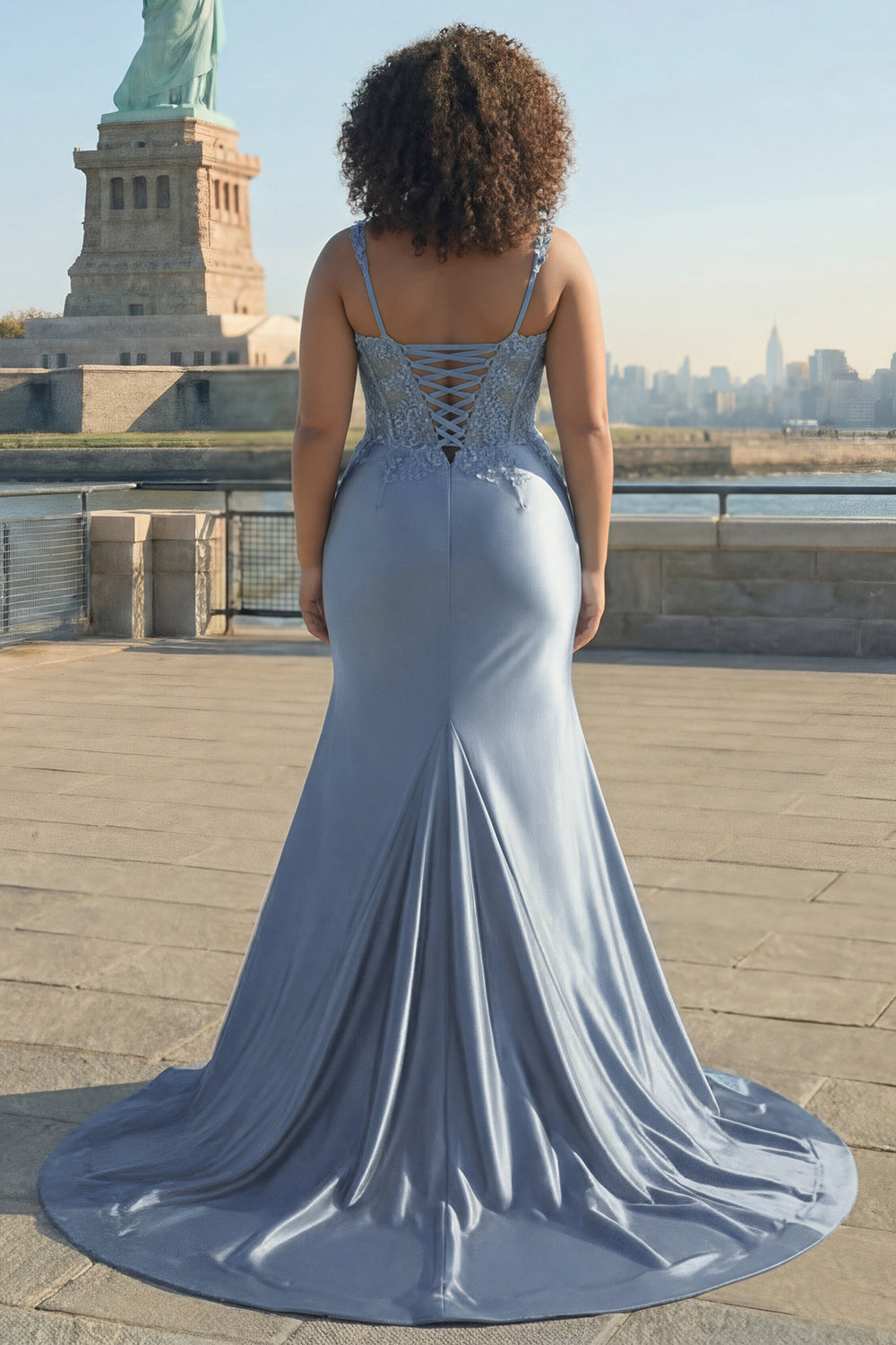 Plus Size Sparkly Grey Blue Satin Mermaid Long Corset Prom Dress with Slit