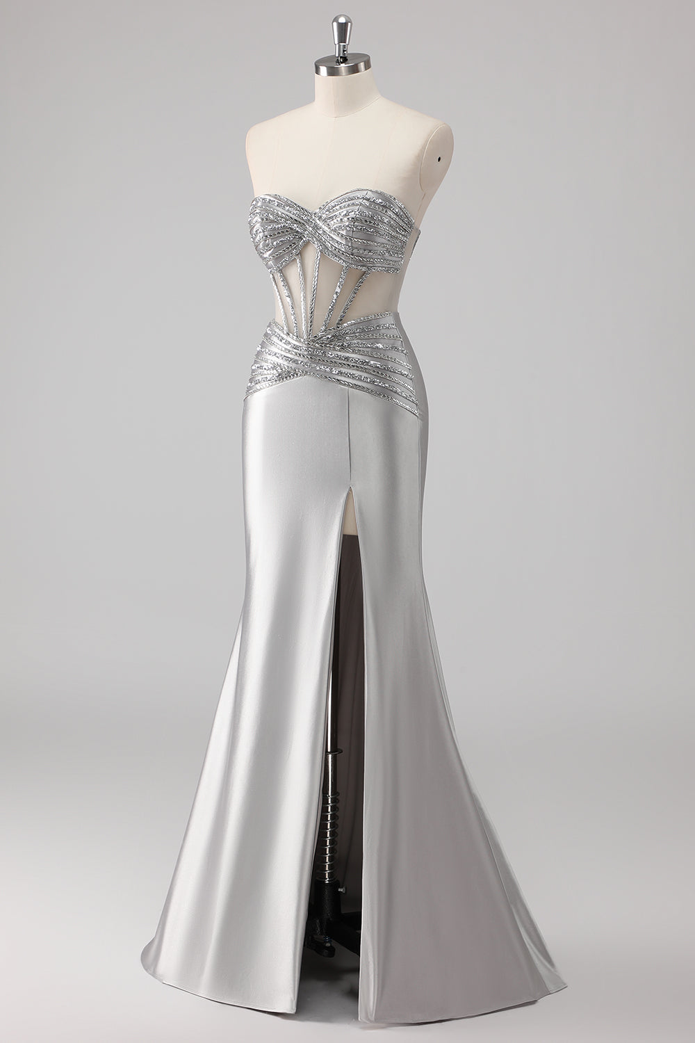 Grey Beaded Strapless Satin Mermaid Long Prom Dress with Slit