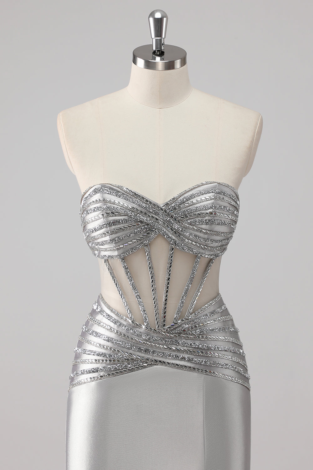 Grey Beaded Strapless Satin Mermaid Long Prom Dress with Slit