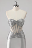 Grey Beaded Strapless Satin Mermaid Long Prom Dress with Slit