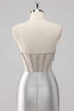 Grey Beaded Strapless Satin Mermaid Long Prom Dress with Slit