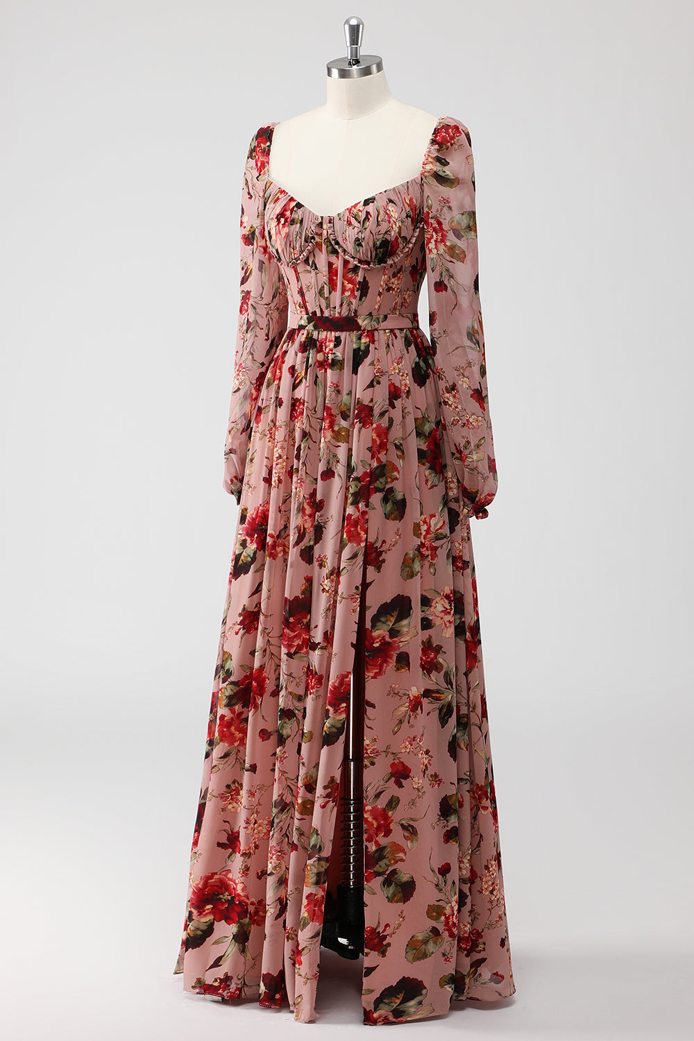Dusty Rose Floral A Line Corset Long Sleeves Wedding Guest Dress with Slit