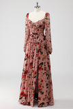 Dusty Rose Floral A Line Corset Long Sleeves Wedding Guest Dress with Slit