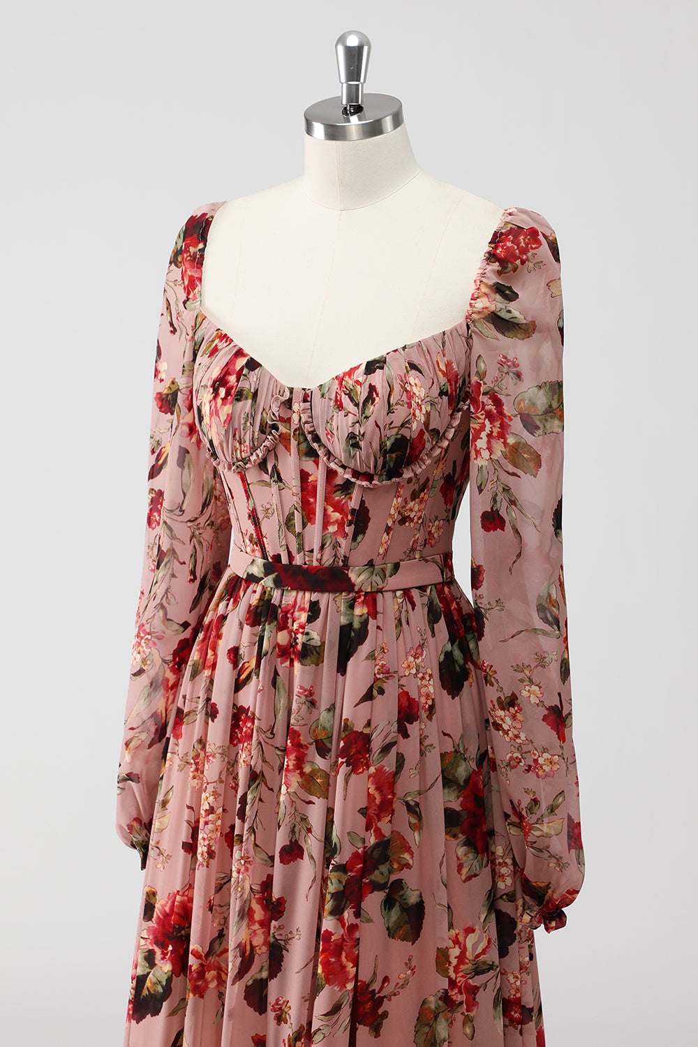 Dusty Rose Floral A Line Corset Long Sleeves Wedding Guest Dress with Slit