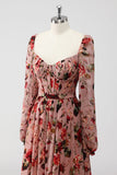 Dusty Rose Floral A Line Corset Long Sleeves Wedding Guest Dress with Slit