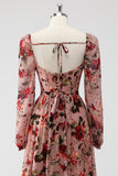Dusty Rose Floral A Line Corset Long Sleeves Wedding Guest Dress with Slit