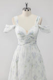 White Floral Cold Shoulder A Line Long Wedding Guest Dress with Slit