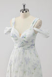 White Floral Cold Shoulder A Line Long Wedding Guest Dress with Slit