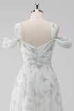 White Floral Cold Shoulder A Line Long Wedding Guest Dress with Slit