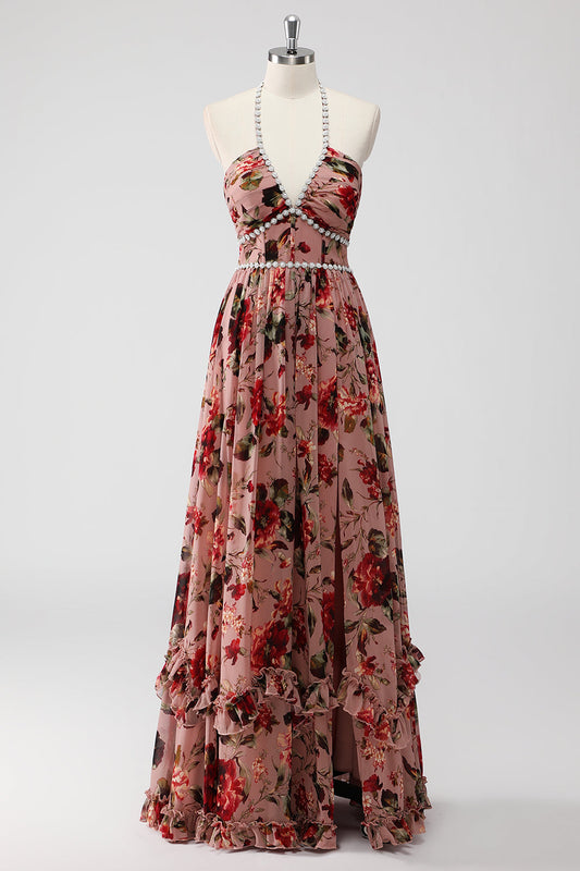 Dusty Rose Halter A Line Long Flowers Wedding Guest Dress with Slit