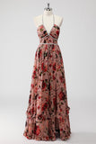Dusty Rose Halter A Line Long Flowers Wedding Guest Dress with Slit