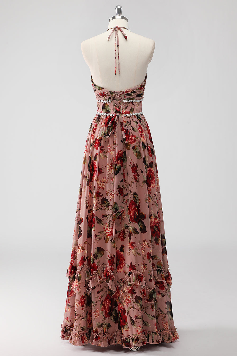 Dusty Rose Halter A Line Long Flowers Wedding Guest Dress with Slit