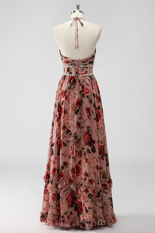 Dusty Rose Halter A Line Long Flowers Wedding Guest Dress with Slit