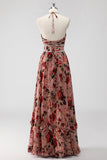 Dusty Rose Halter A Line Long Flowers Wedding Guest Dress with Slit