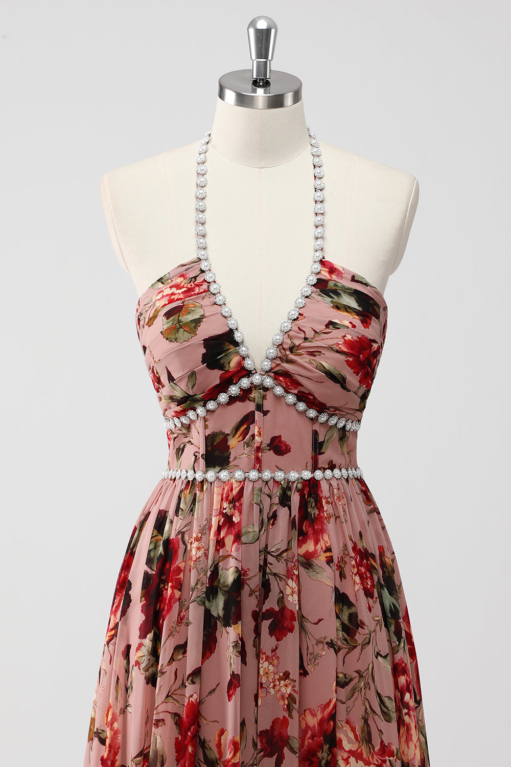 Dusty Rose Halter A Line Long Flowers Wedding Guest Dress with Slit
