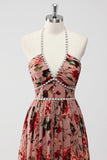 Dusty Rose Halter A Line Long Flowers Wedding Guest Dress with Slit