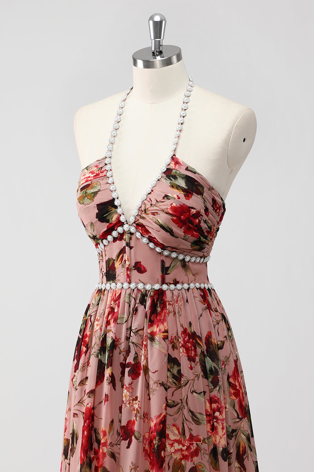 Dusty Rose Halter A Line Long Flowers Wedding Guest Dress with Slit