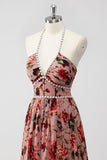 Dusty Rose Halter A Line Long Flowers Wedding Guest Dress with Slit