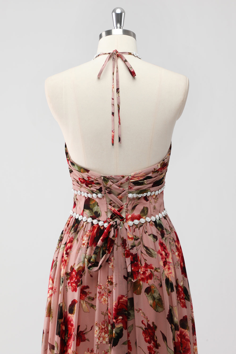 Dusty Rose Halter A Line Long Flowers Wedding Guest Dress with Slit
