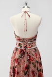 Dusty Rose Halter A Line Long Flowers Wedding Guest Dress with Slit
