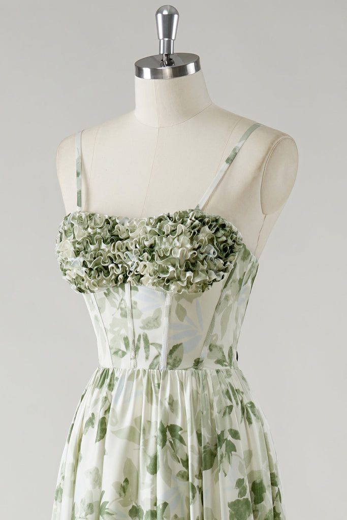 A-Line/Princess Spaghetti Straps Ruched Evening Dresses with Pleats & Flowers