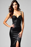 Black Mermaid Sequins Lace-Up Back Back Long Black Tie Dress
