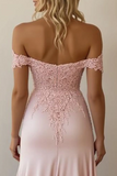 Pink Mermaid Off the Shoulder Satin Long Prom Dress with Lace